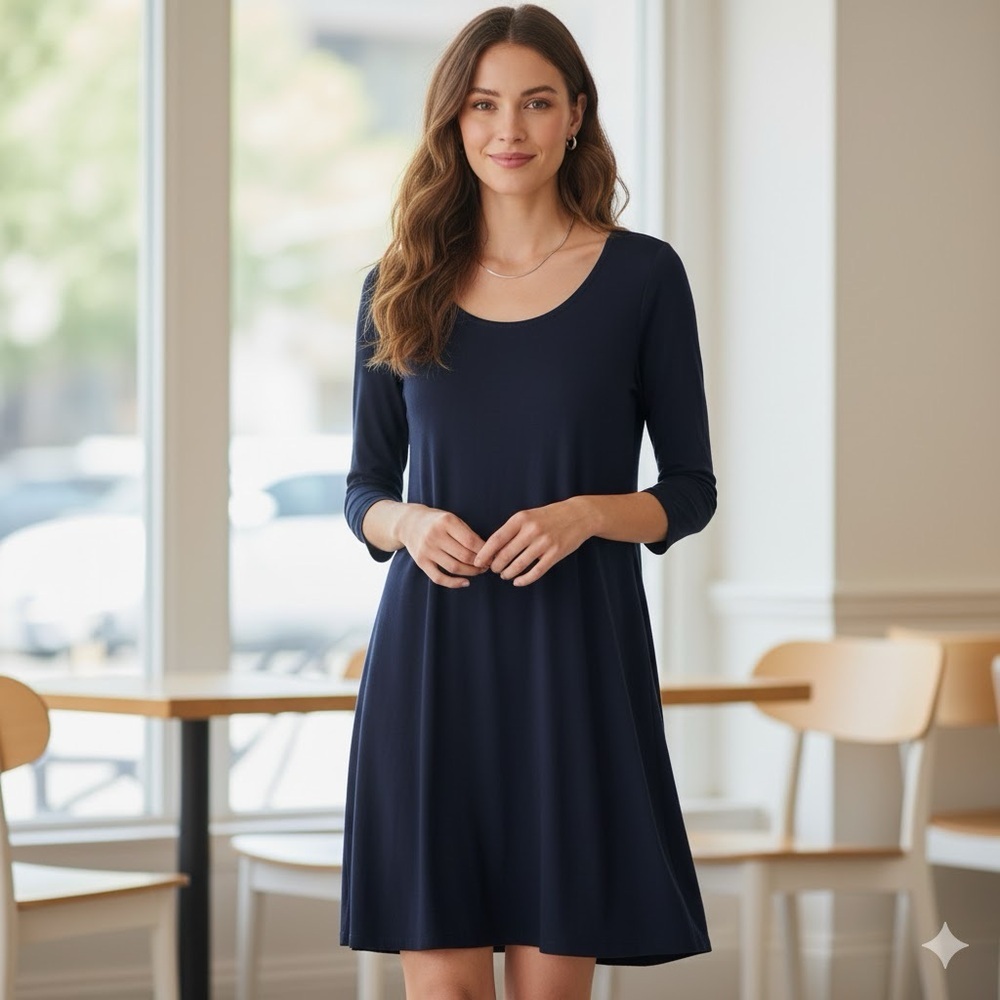 NWT Joan Vass Blue Sheath Dress 3/4 Sleeve Scoop Neck Size M